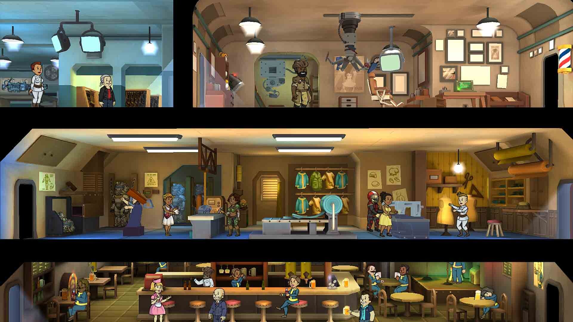 Fallout Shelter promotional image showing several vault rooms and dwellers
