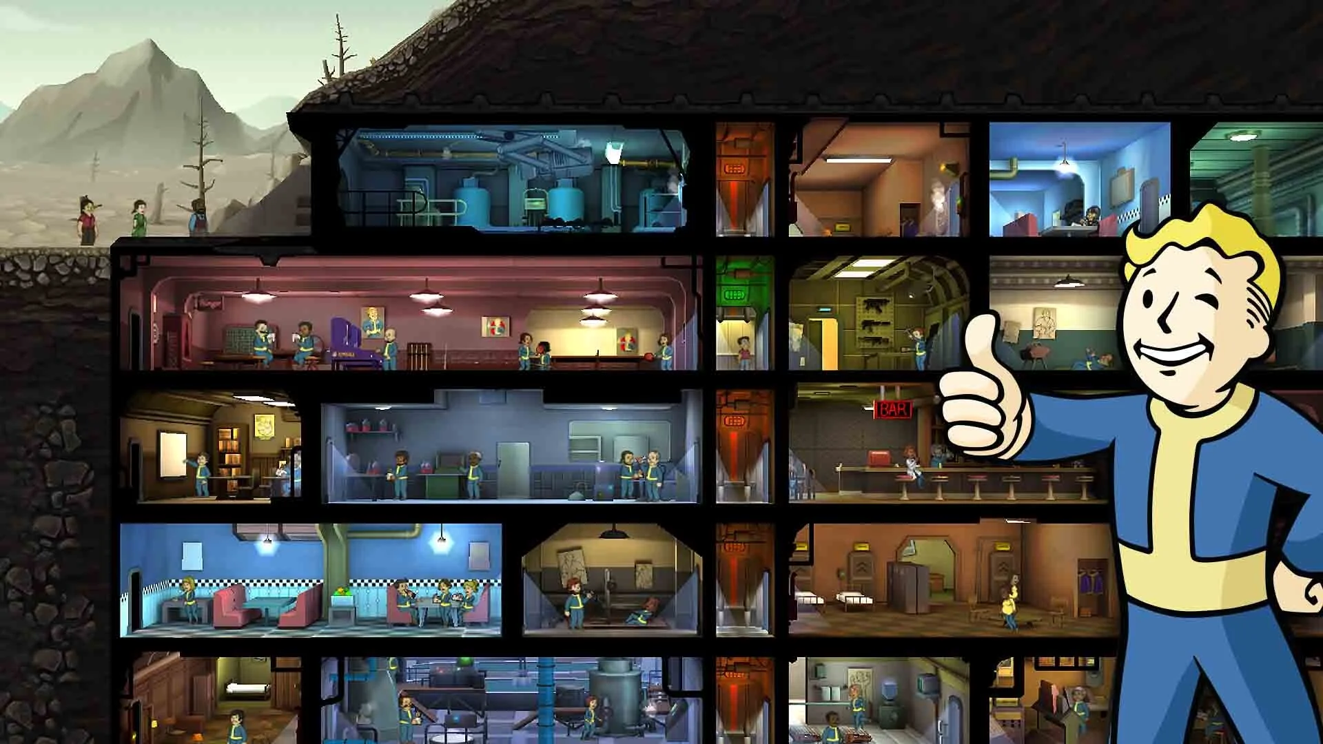 Fallout Shelter promotional image showing an underground vault and Vault Boy